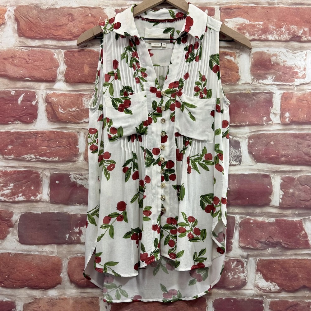 Anthropologie Vera Top Women's XS White Multicolor Cherries Pleated Casual Shirt